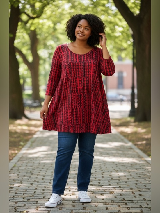 JM Collection Tops - JM Collection 3X Plus Red Black Abstract Tunic Top 3/4 Sleeve NWT